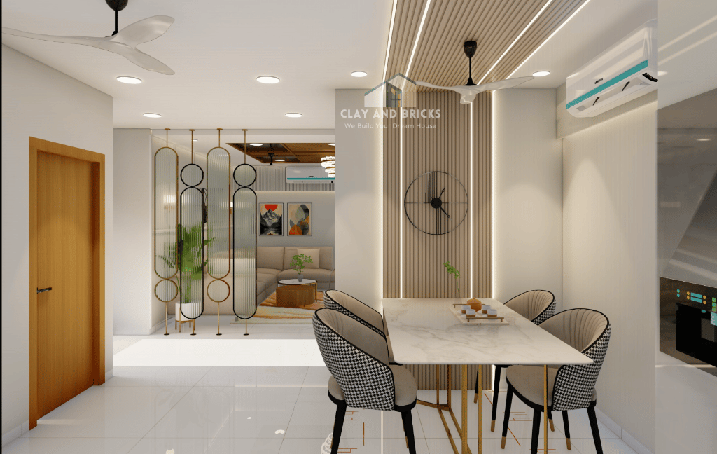 Modern dining room with fluted wood slat feature wall and marble table in Bhubaneswar