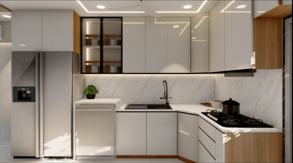 Contemporary dual-tone modular kitchen design with ivory and oak cabinetry in Bhubaneswar