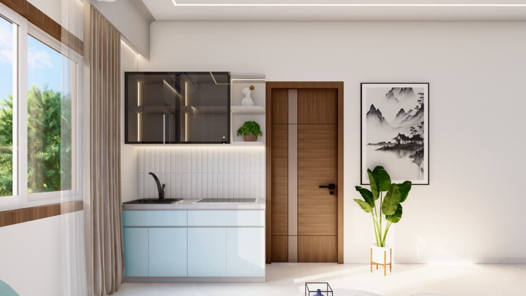 Compact beverage bar and dry kitchenette design with pastel blue modular cabinets in Bhubaneswar