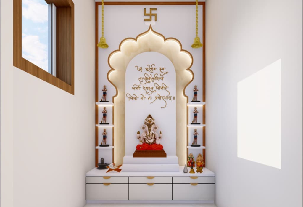 Bespoke home Mandir temple design with backlit Sanskrit inscription and brass bells in Bhubaneswar