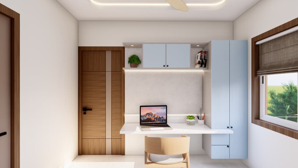 Home office study room design with floating desk and built-in storage in Bhubaneswar