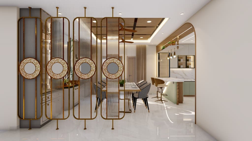 Bespoke fluted glass and brass partition screen in luxury villa interior Bhubaneswar