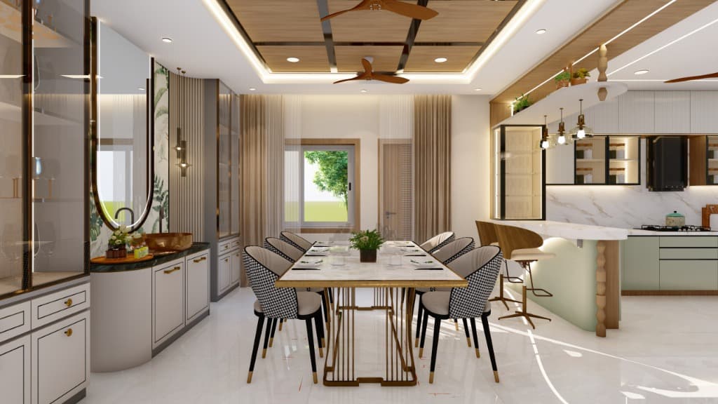 Luxury villa interior design open living and dining — Shree Vihar, Bhubaneswar by Clay and Bricks