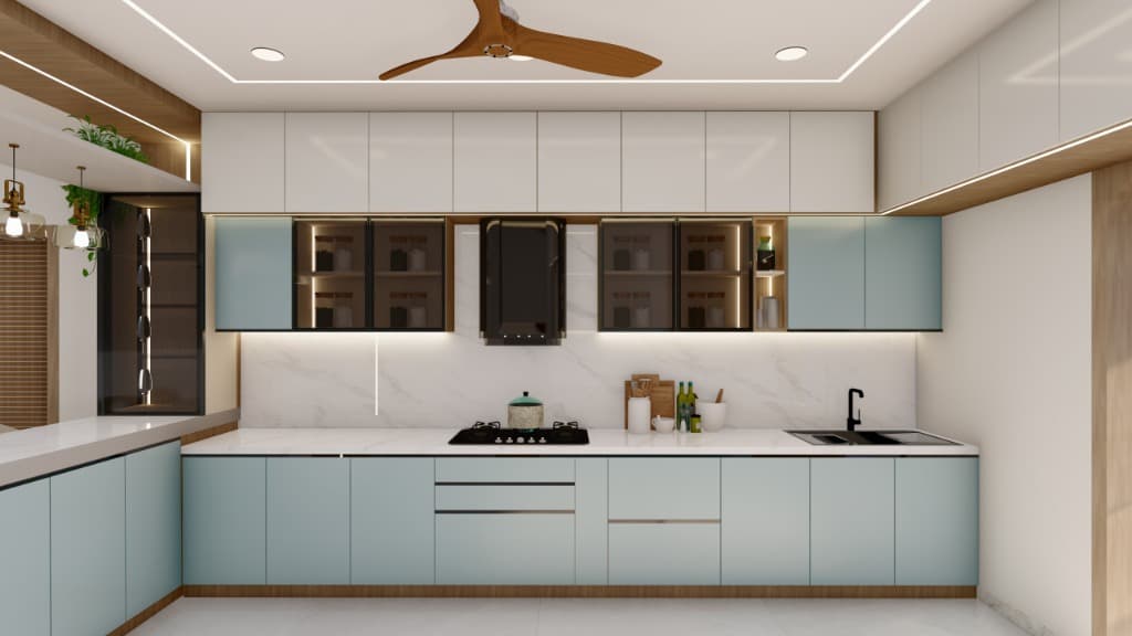 Luxury modular kitchen design with sage green cabinetry and Calacatta marble backsplash in Bhubaneswar
