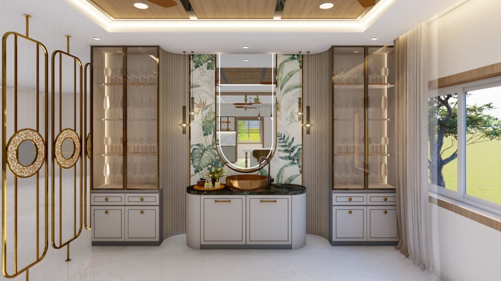 Luxury bathroom vanity with fluted wall cladding and copper washbasin in Bhubaneswar