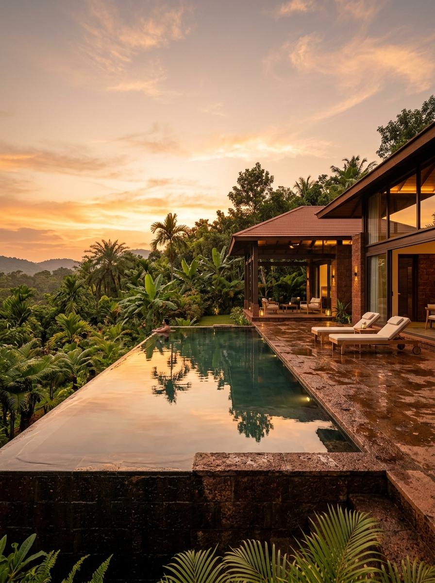 Luxury pool villa architecture with infinity pool and forest pavilion — Chandaka, Bhubaneswar by Clay and Bricks architects