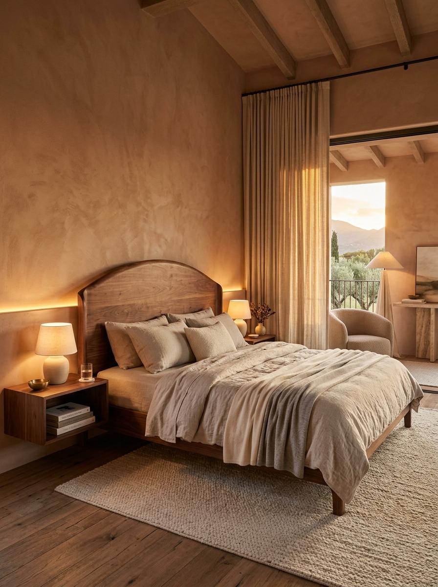 Luxury master bedroom with terracotta plaster walls — residential interior design Nayapalli Bhubaneswar by Clay and Bricks