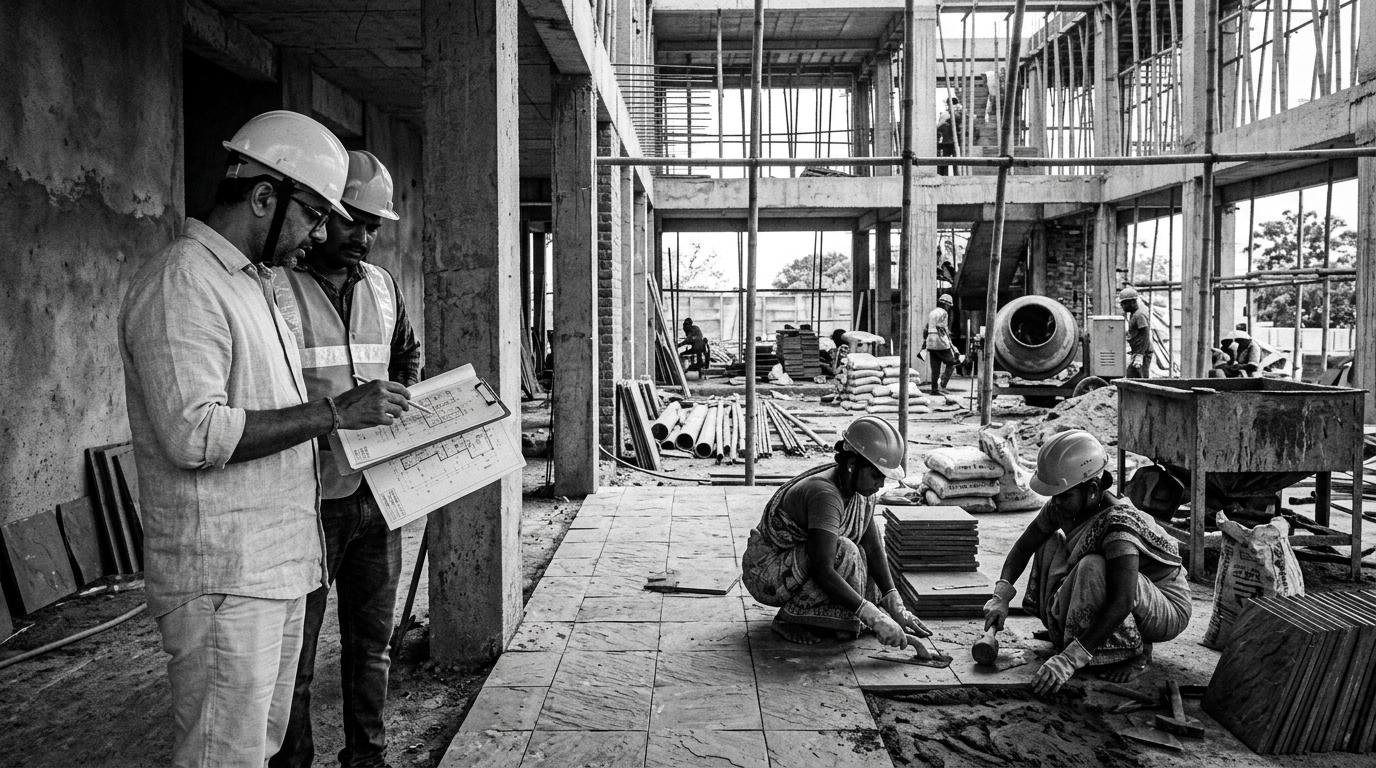 Architects reviewing blueprints on-site