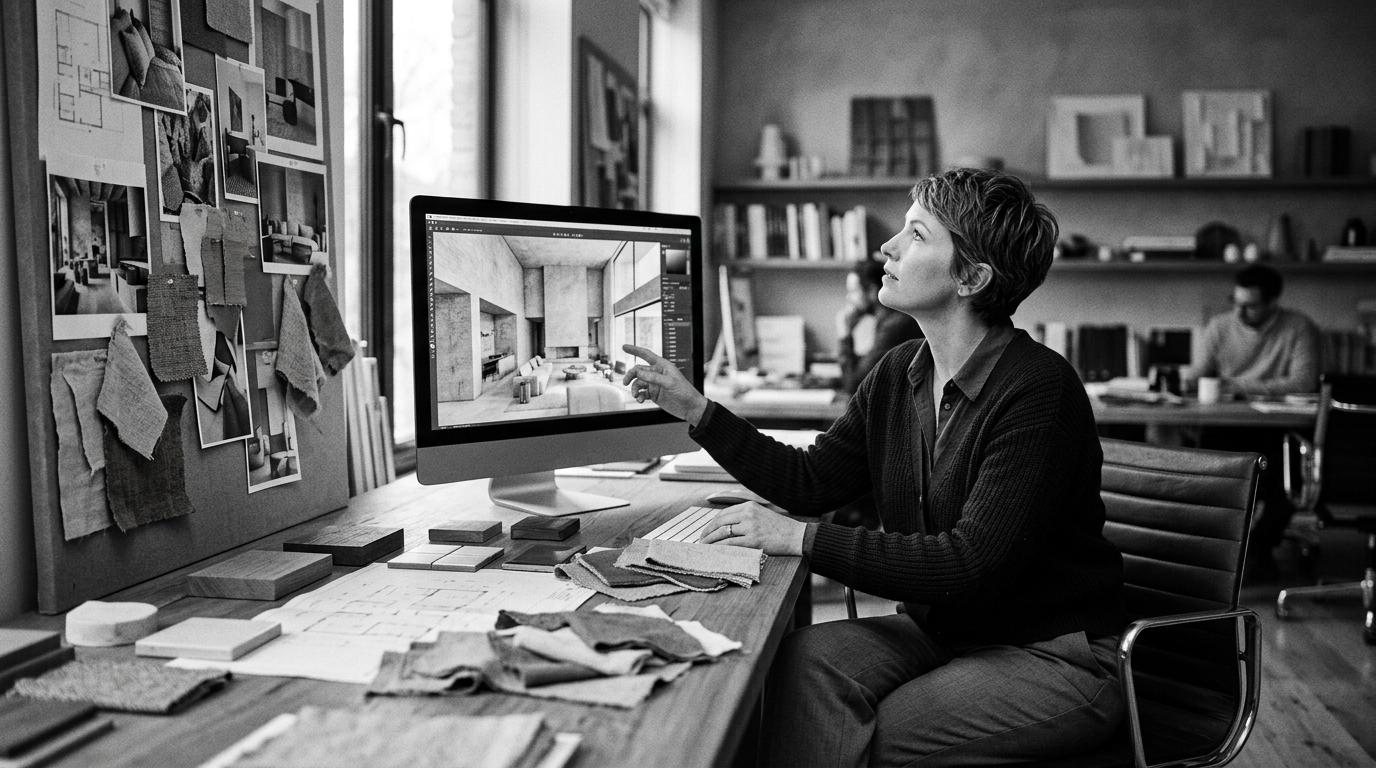 Designer reviewing 3D render in studio