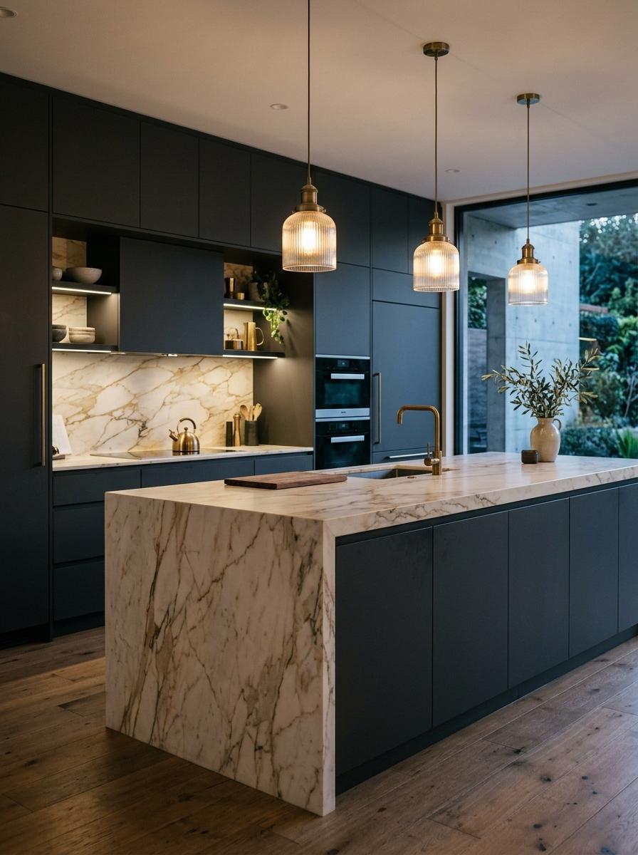 Brass and noir luxury modular kitchen design with Calacatta marble island — Sahid Nagar, Bhubaneswar by Clay and Bricks